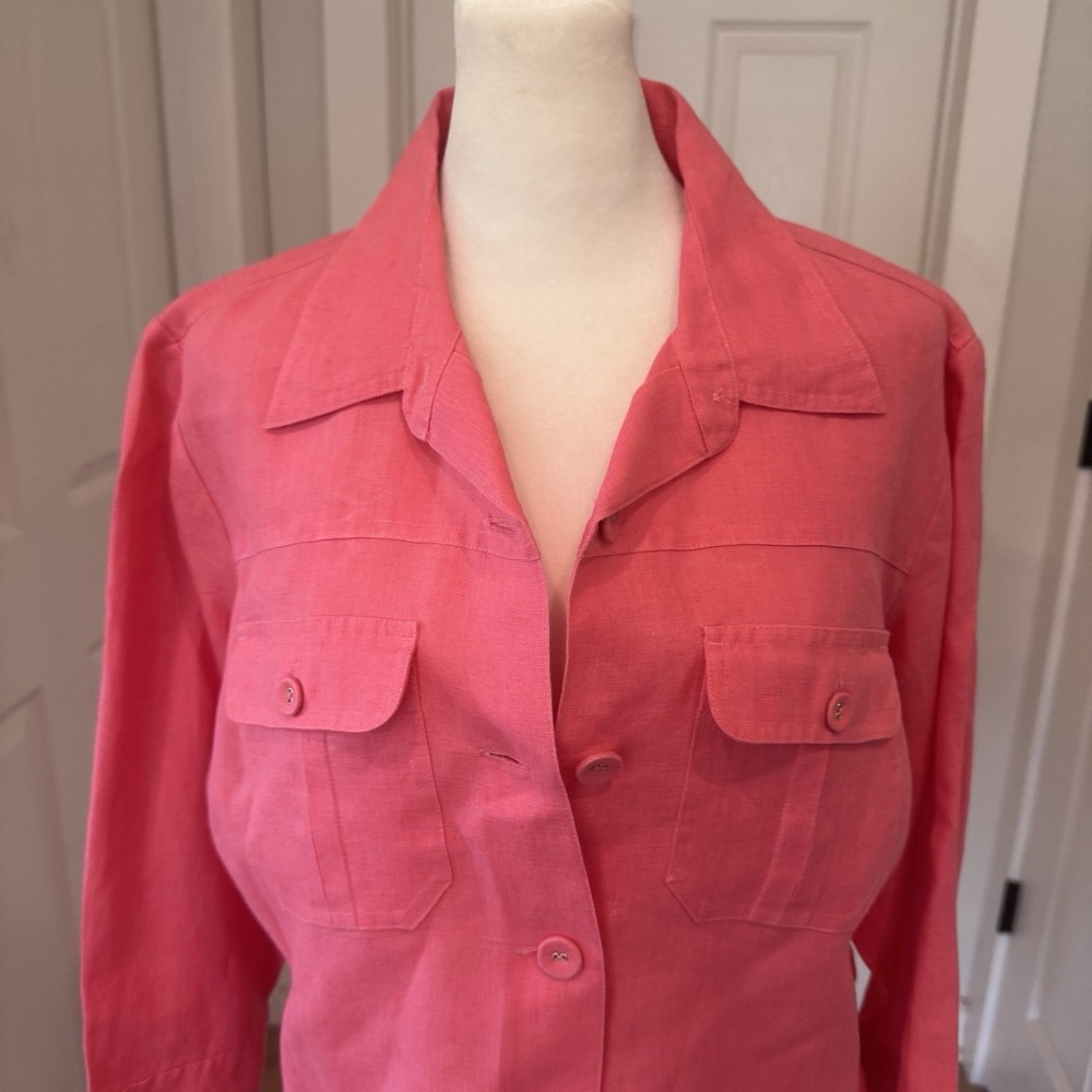100%‎ Linen Coral Pink Shirt Jacket Button Up Size 8 Coastal Grandma Pretty - Picture 2 of 9